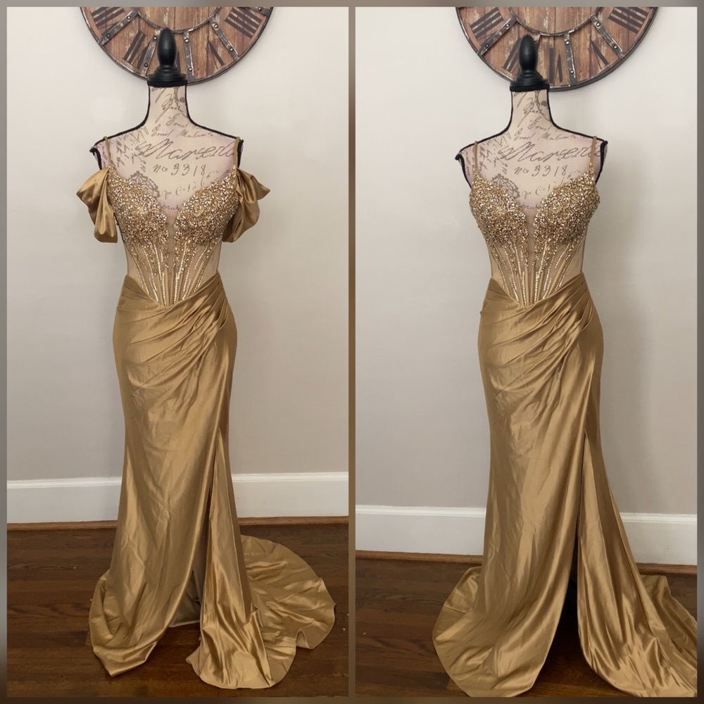 Beaded gold corset prom dress, formal dress, gala gown or pageant evening gown